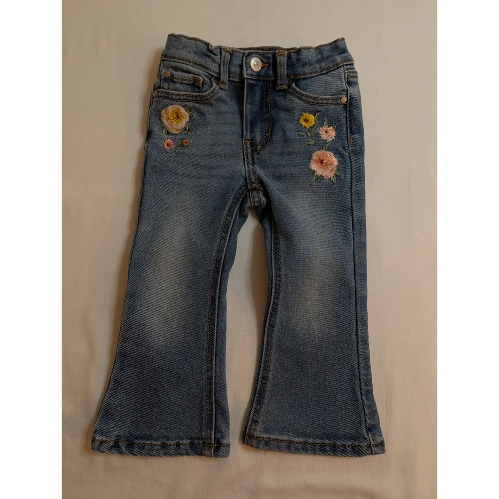 Wonder Nation Girls 2T Medium Wash Floral Embroidered‎ Flare Jeans WA32100078104